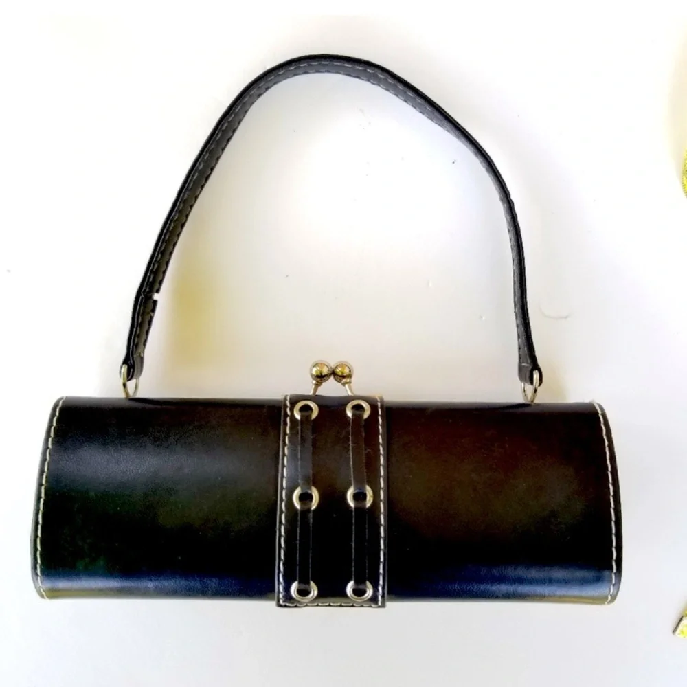 PURSE: Black & Silver Cylindrical Clutch, Vintage. EUC